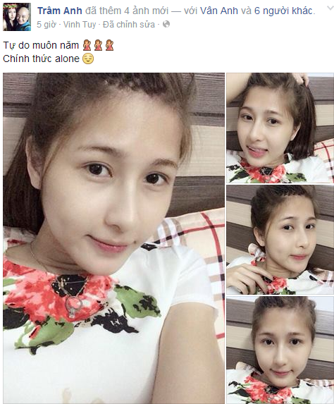 Cô nàng chuyển giới Trâm Anh đăng tải hình ảnh một mình kèm theo khấu hiệu: "Tự do muôn năm" khi chia tay bạn trai.